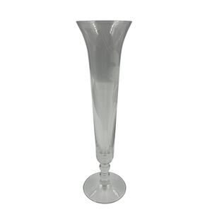 Vintage Crystal Clear Glass Skinny Tall‎ Floral Etched Decorative Vase Footed